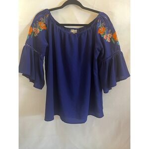 Umgee Royal Blue Embroidered Off Shoulder Bell Sleeve Boho Blouse R7537 Small